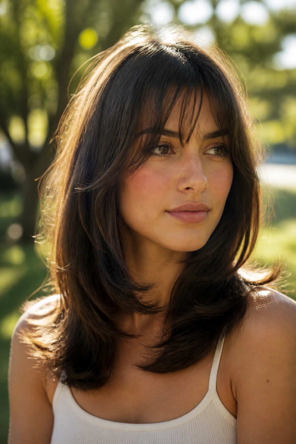 Close-up of a real woman with retro flipped ends and airy fringe outdoors