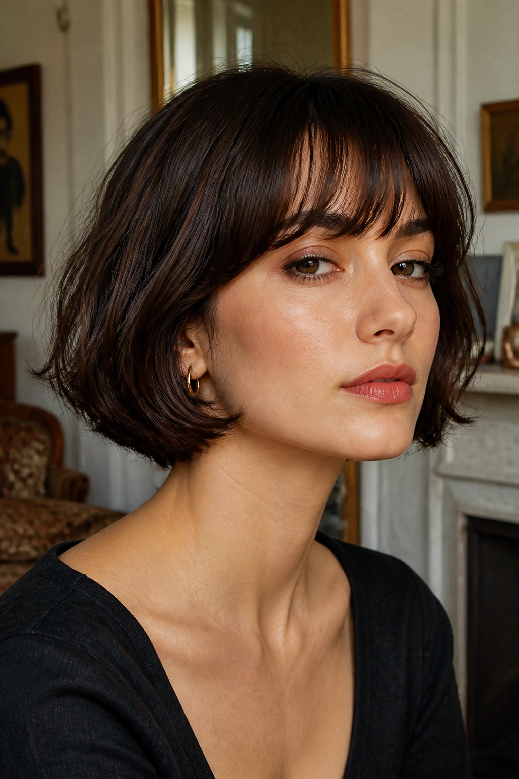 Close-up of a real woman with retro French bob and oval bangs in daylight