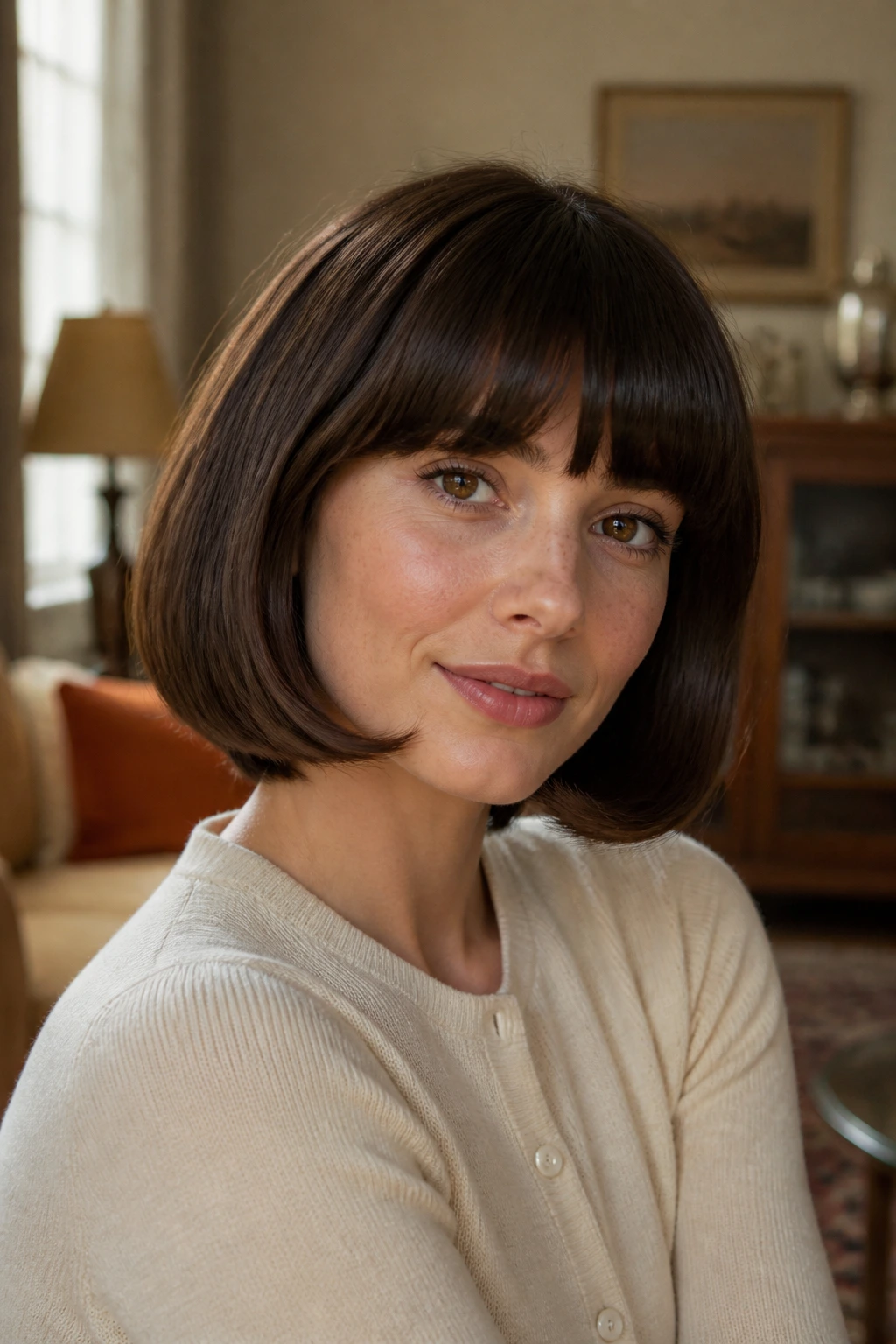 Close-up portrait of a real woman with a retro French bob and rounded bangs in a warm vintage living room