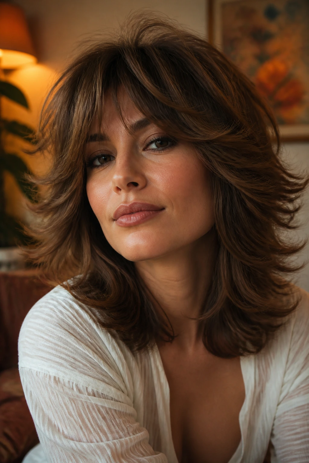 Close-up of a real woman with retro-inspired shag and flipped ends.