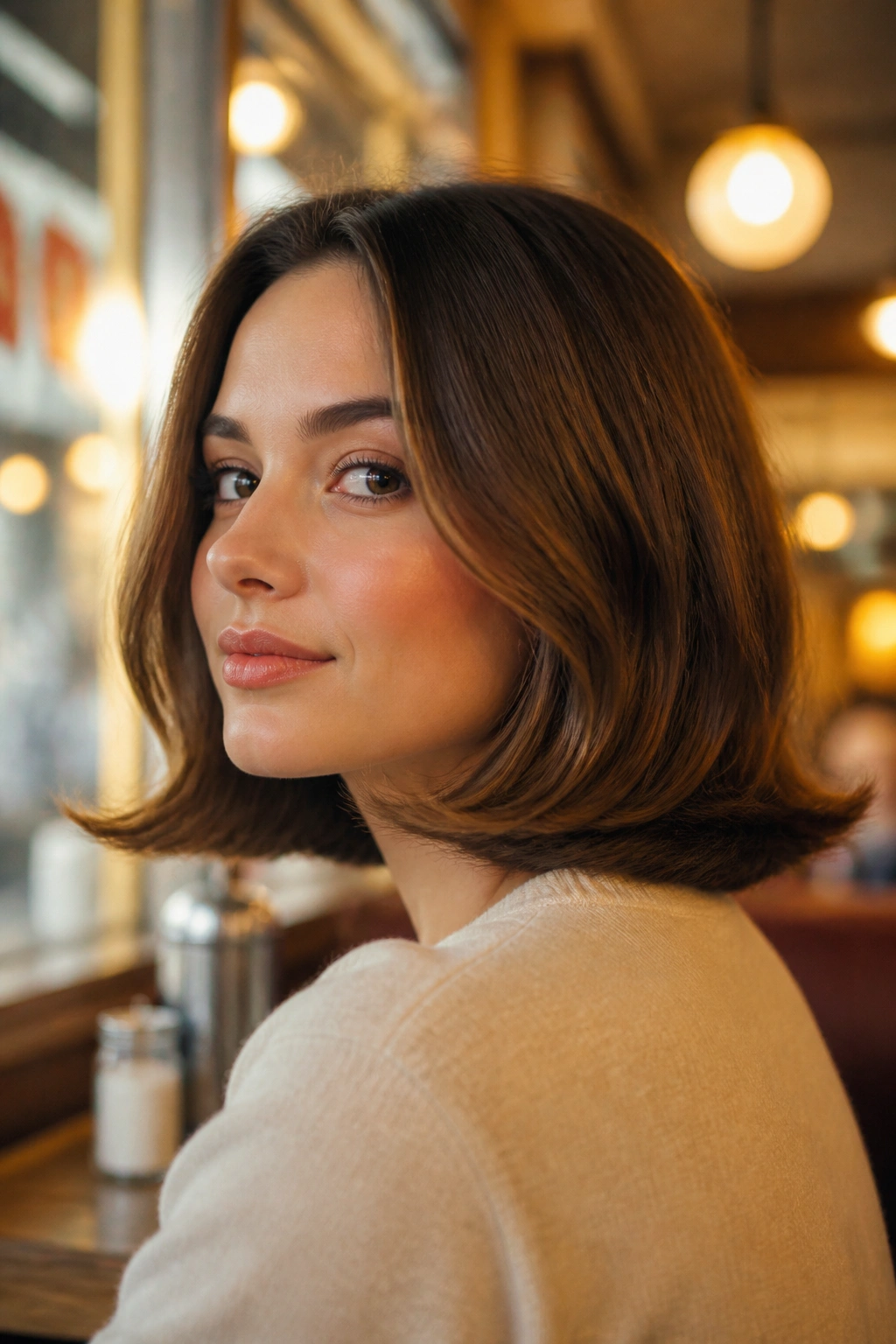 Close-up real-woman portrait with a retro flip lob hairstyle