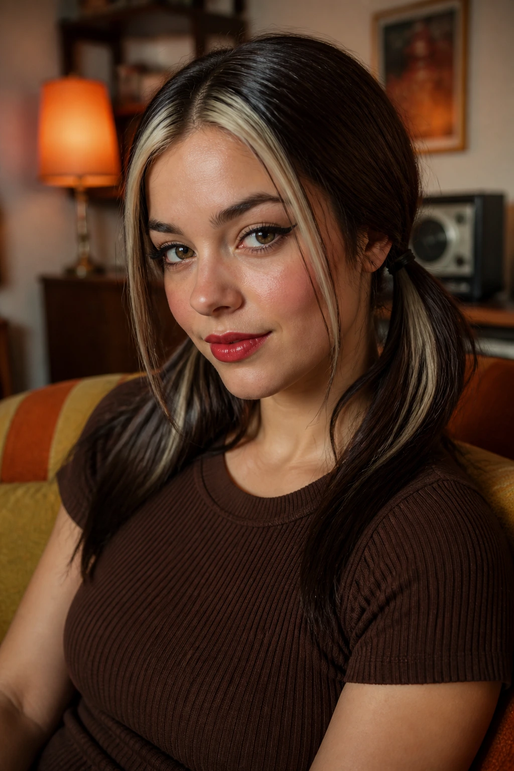 Close-up of a real woman with retro pigtails and a pale skunk stripe through the front