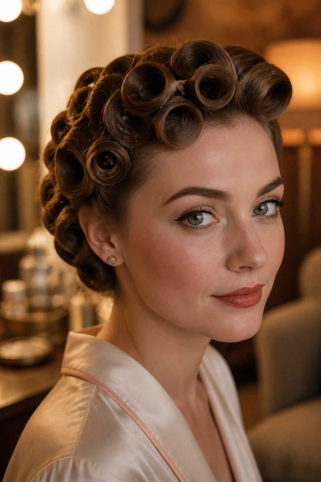 Close-up of a real woman with vintage pin curls pinned back