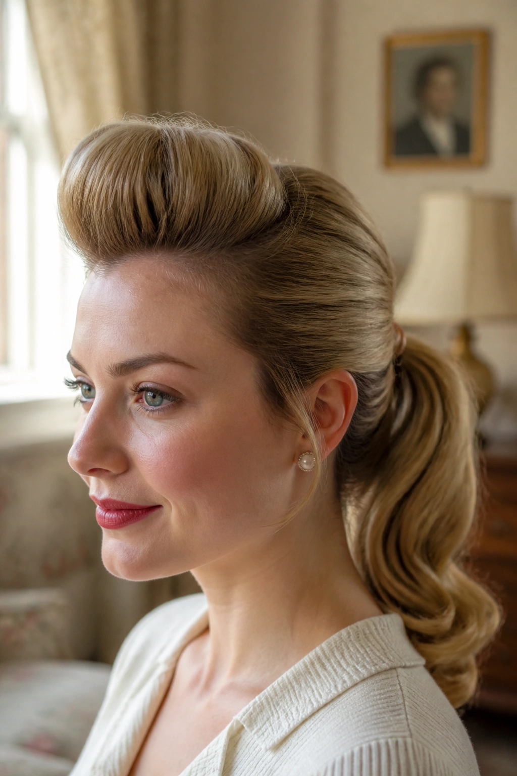 Close-up portrait of a real woman with a rolled crown retro ponytail