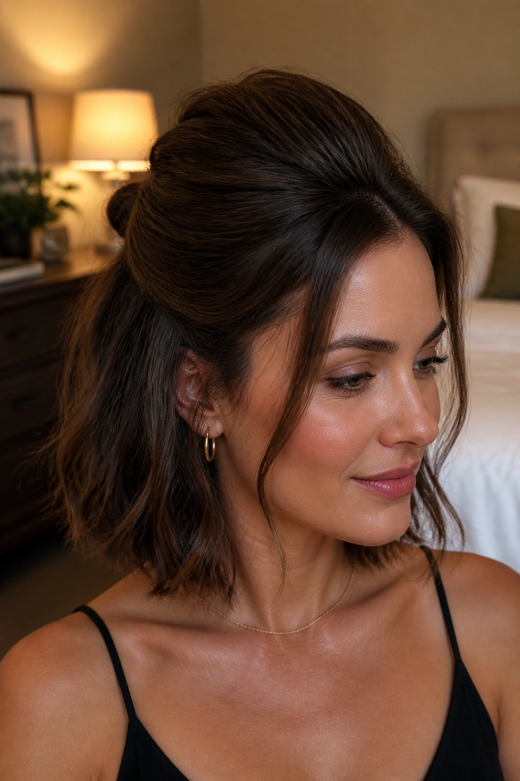 Close-up of a real woman wearing retro pouf half-up hairstyle with a subtle crown pouf