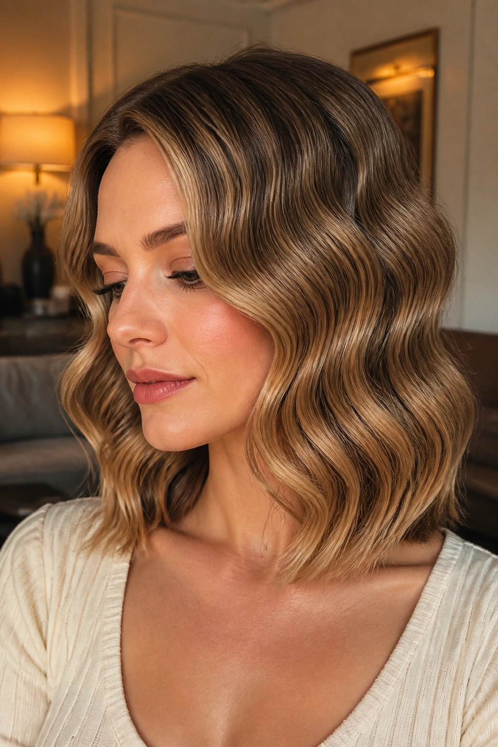 Close-up of a real woman with retro S-waves and polished shoulder-length hair.