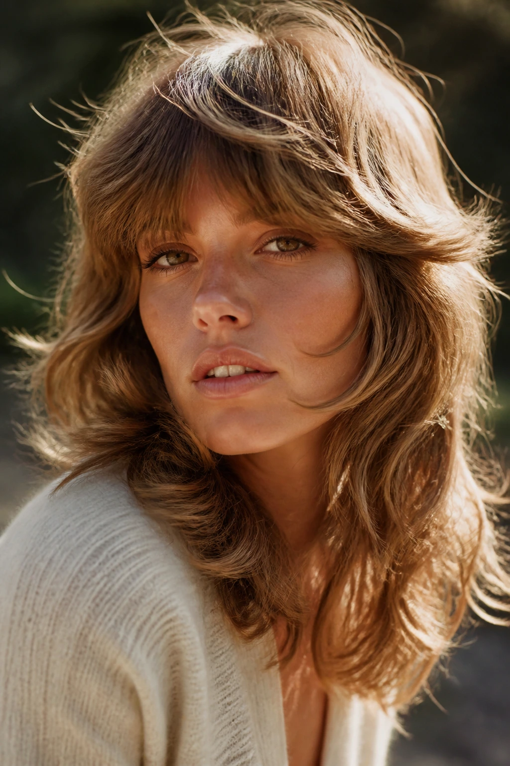 Portrait of real person with Retro Seventies Shag showing big movement in warm outdoor light