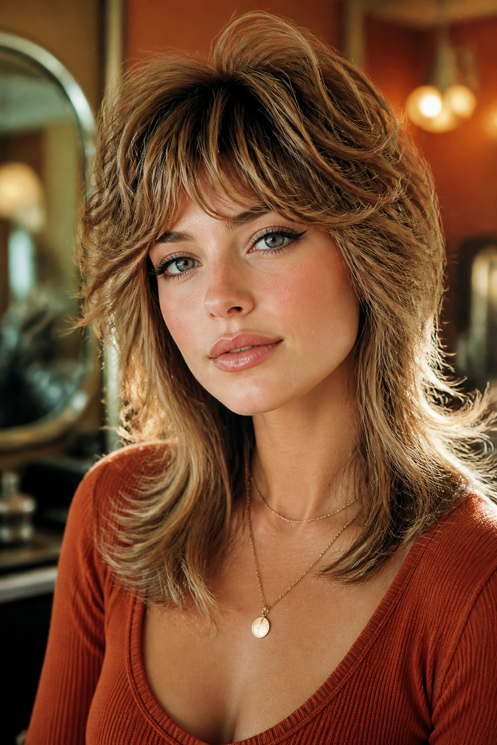 Close-up of a real woman with retro ’70s shag in a retro-inspired salon