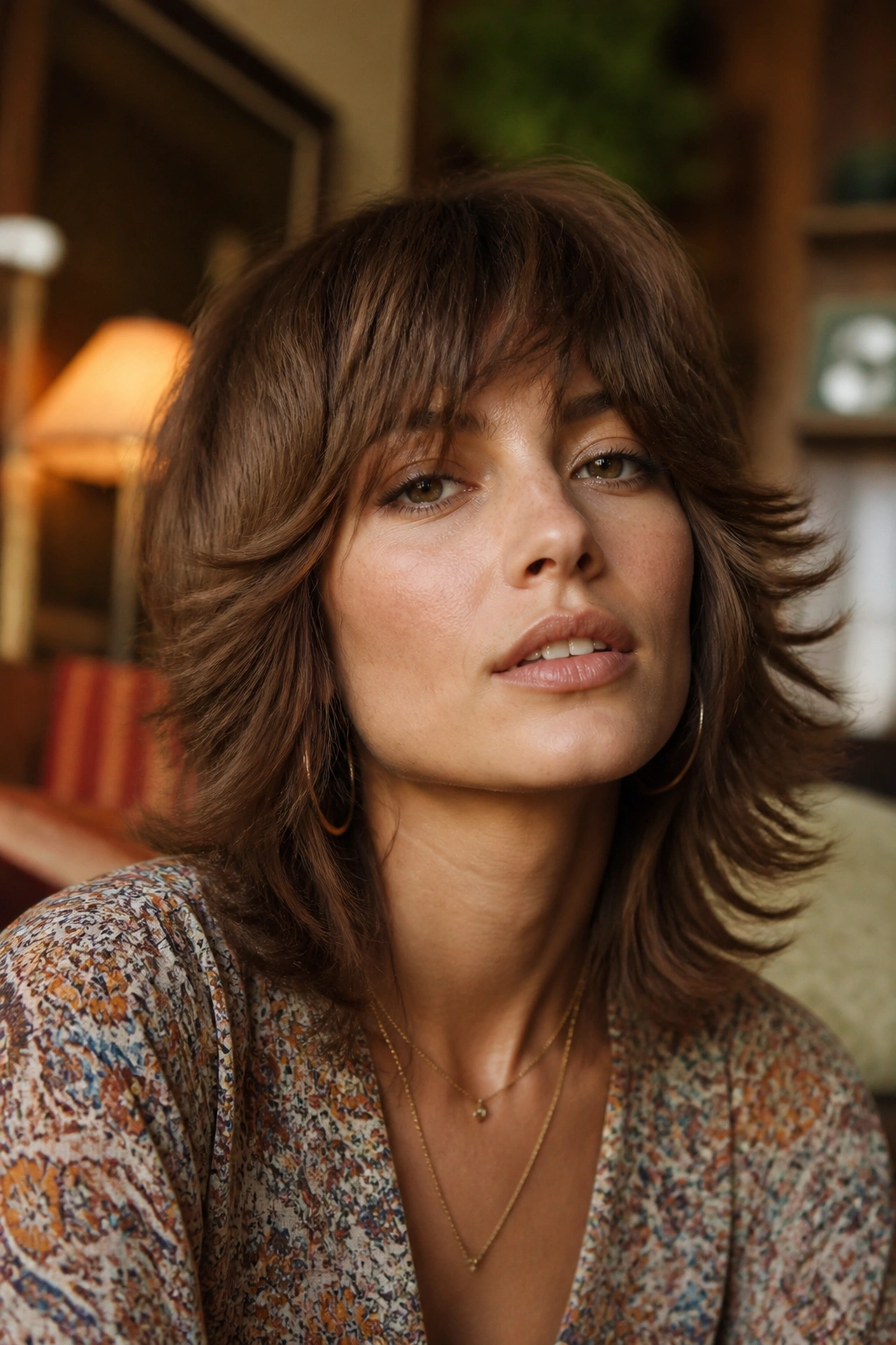 Real woman in a cozy room with retro seventies shag and feathered ends.