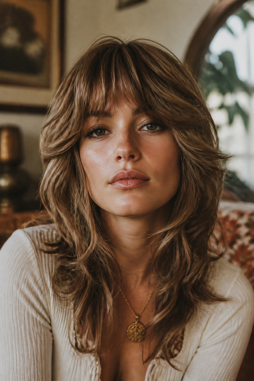 Real woman with retro 70s feathered shag and long feathered bangs
