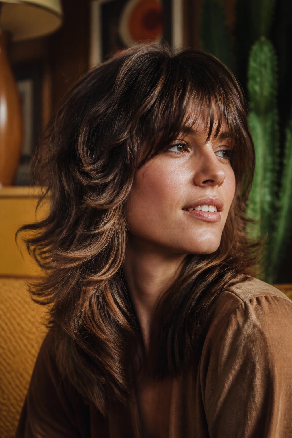 Portrait of a real woman with retro 70s rounded shag in warm setting.