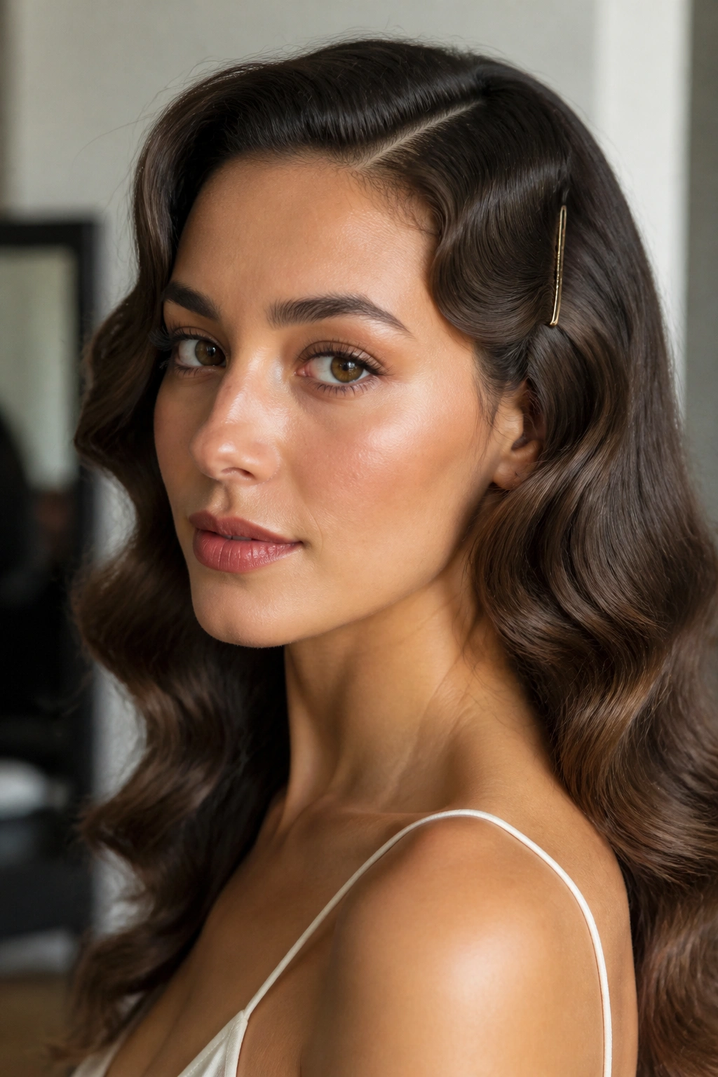 Close-up of real woman with retro side pin waves hairstyle