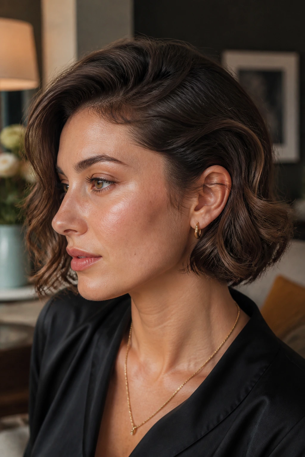 Close-up of a real woman with a retro tucked wave bob hairstyle