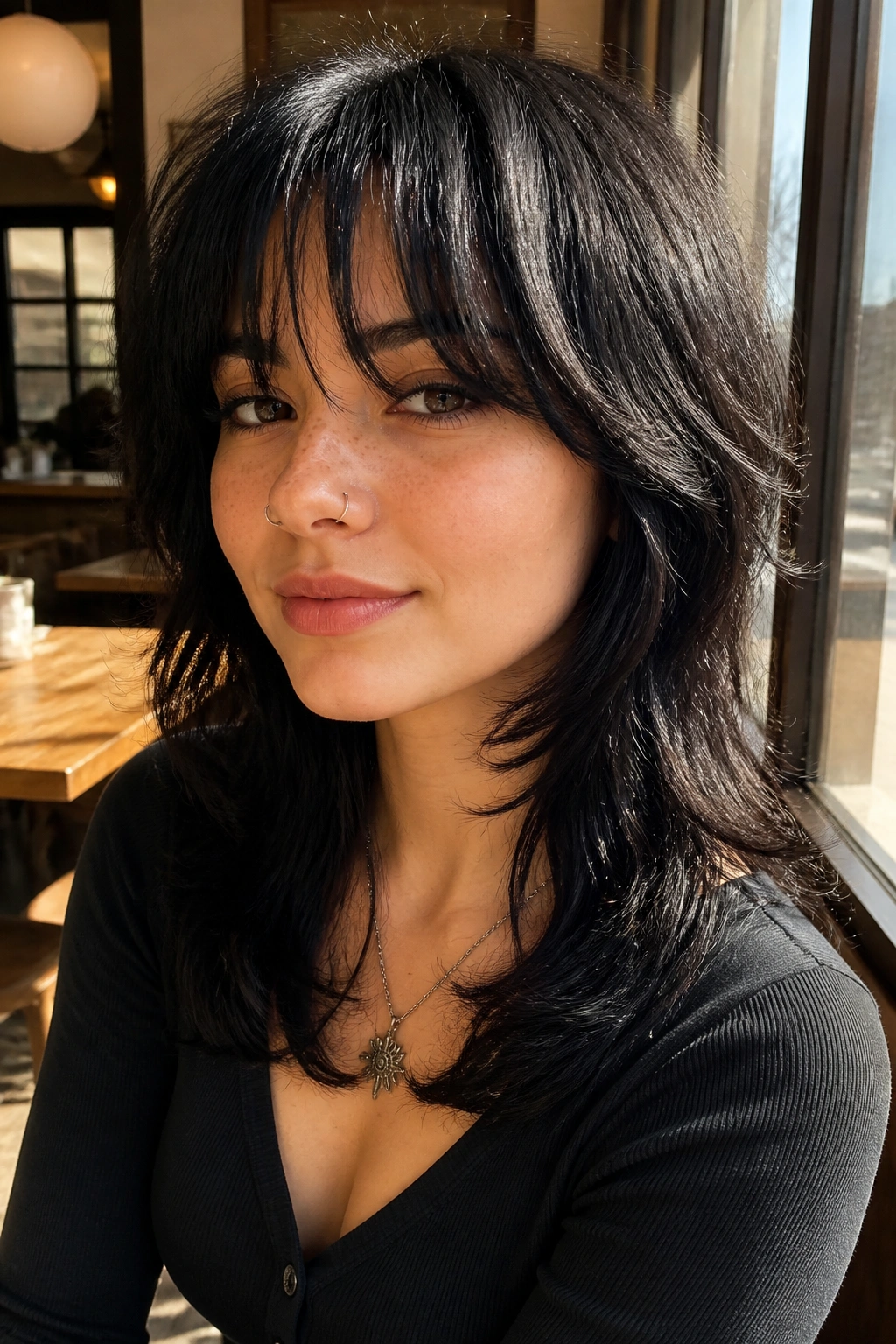 Close-up portrait of a real person with retro wolf cut and airy bangs in a sunlit cafe setting