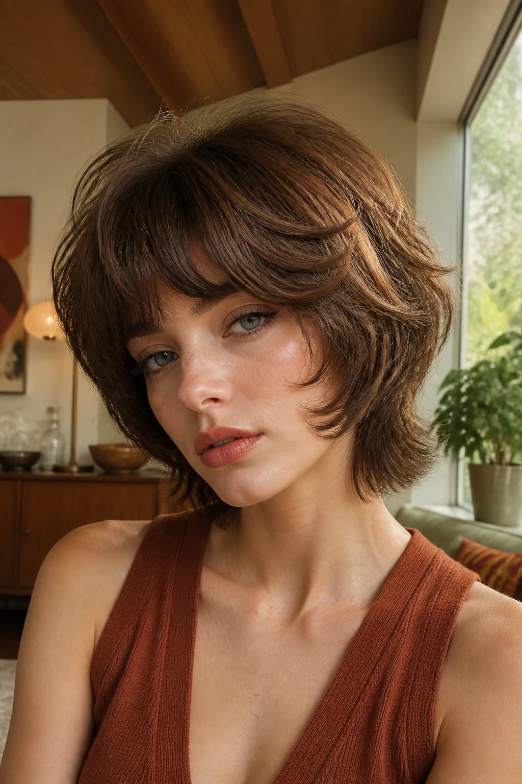 Close-up portrait of a real person with rounded-volume retro wolf cut bob under warm natural light.