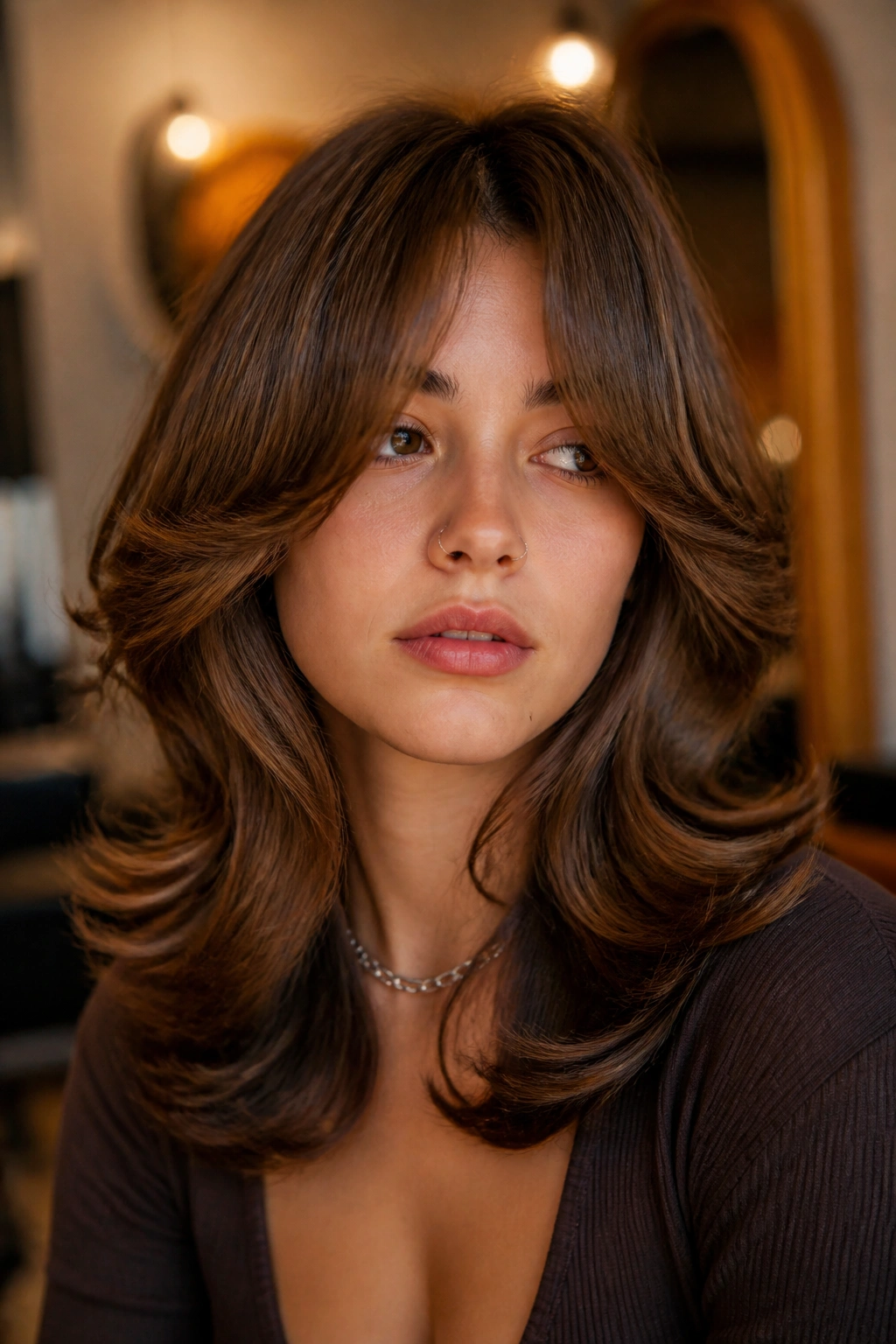 Portrait of a real person with retro 70s wolf cut and blowout curtain bangs.