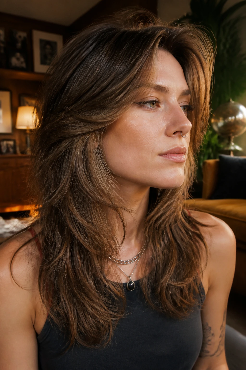 Portrait of a real woman with Retro Rock Wolf Cut with Feathered Layers