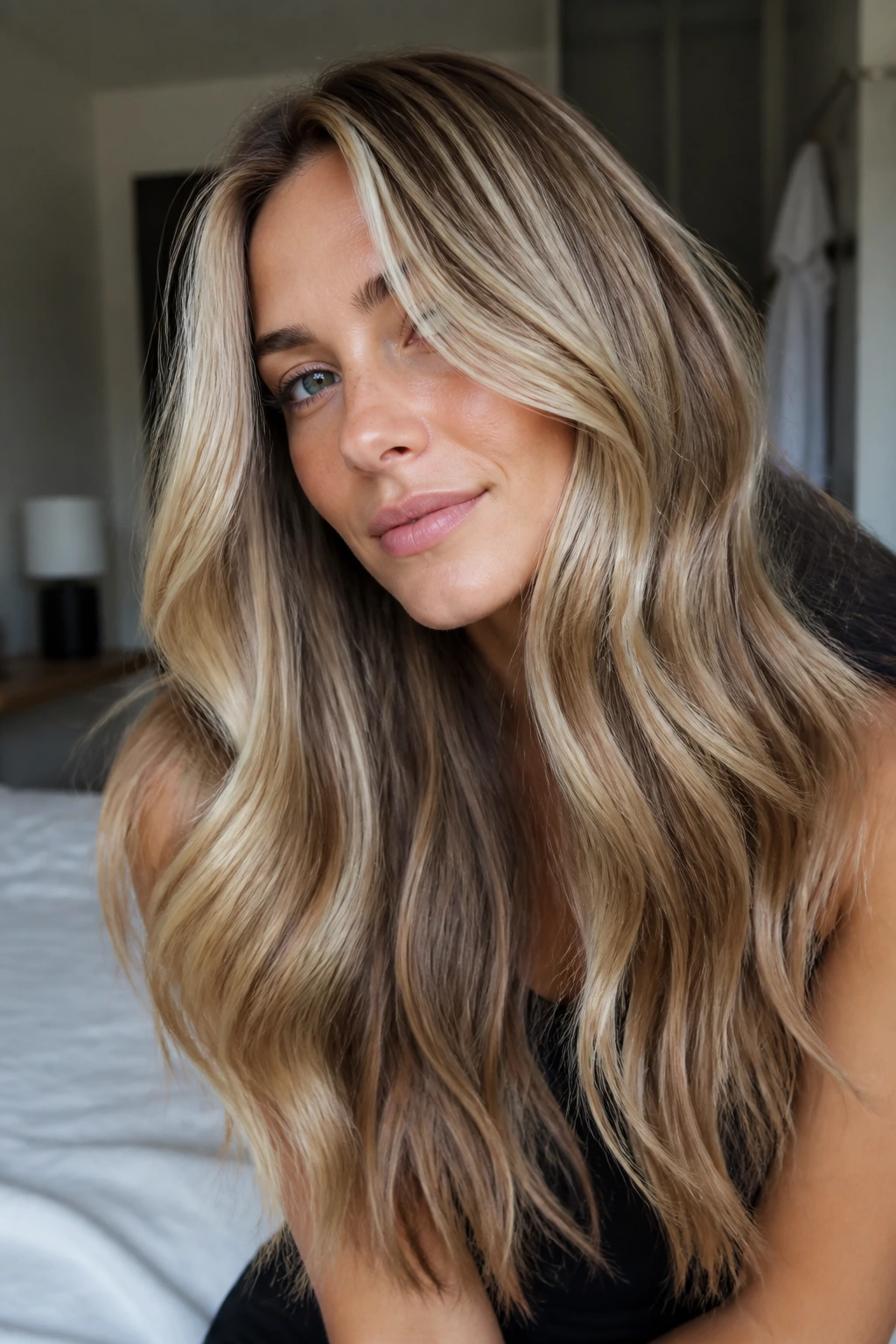 Close-up portrait of a real blonde with deeper lowlights for depth