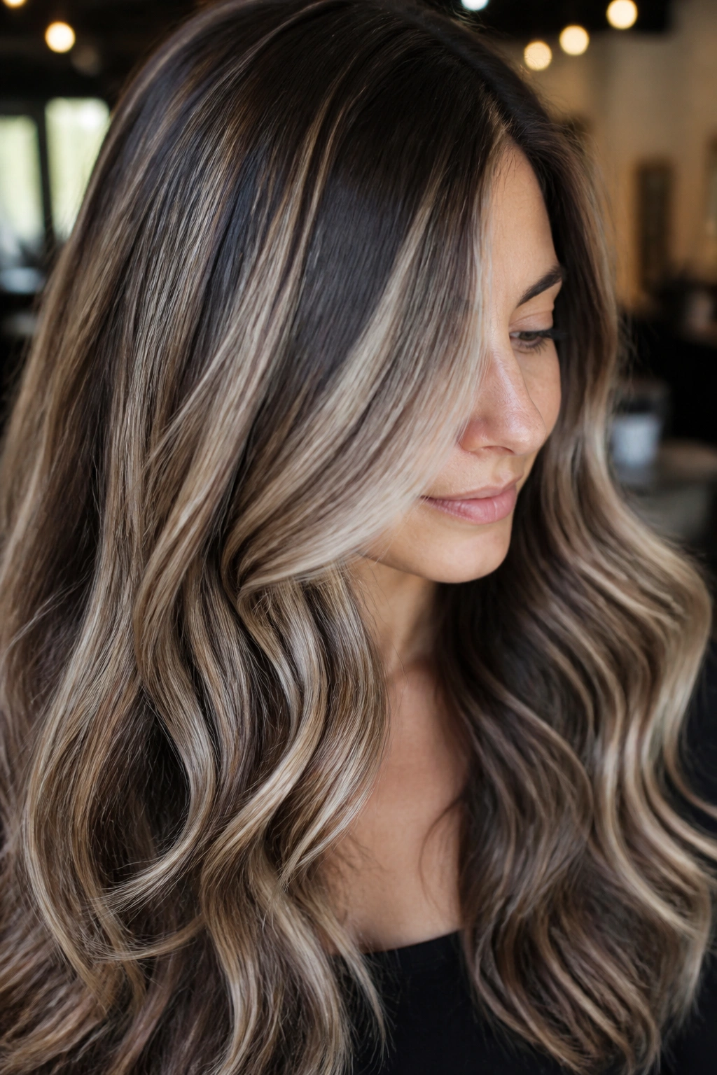 Close-up of a real woman with reverse balayage showing darker ribbons among lighter strands