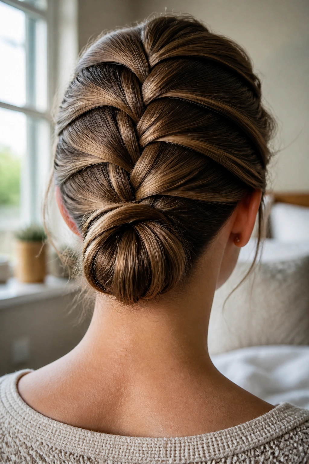 Back of head portrait of a real woman with a reverse French braid updo and bun