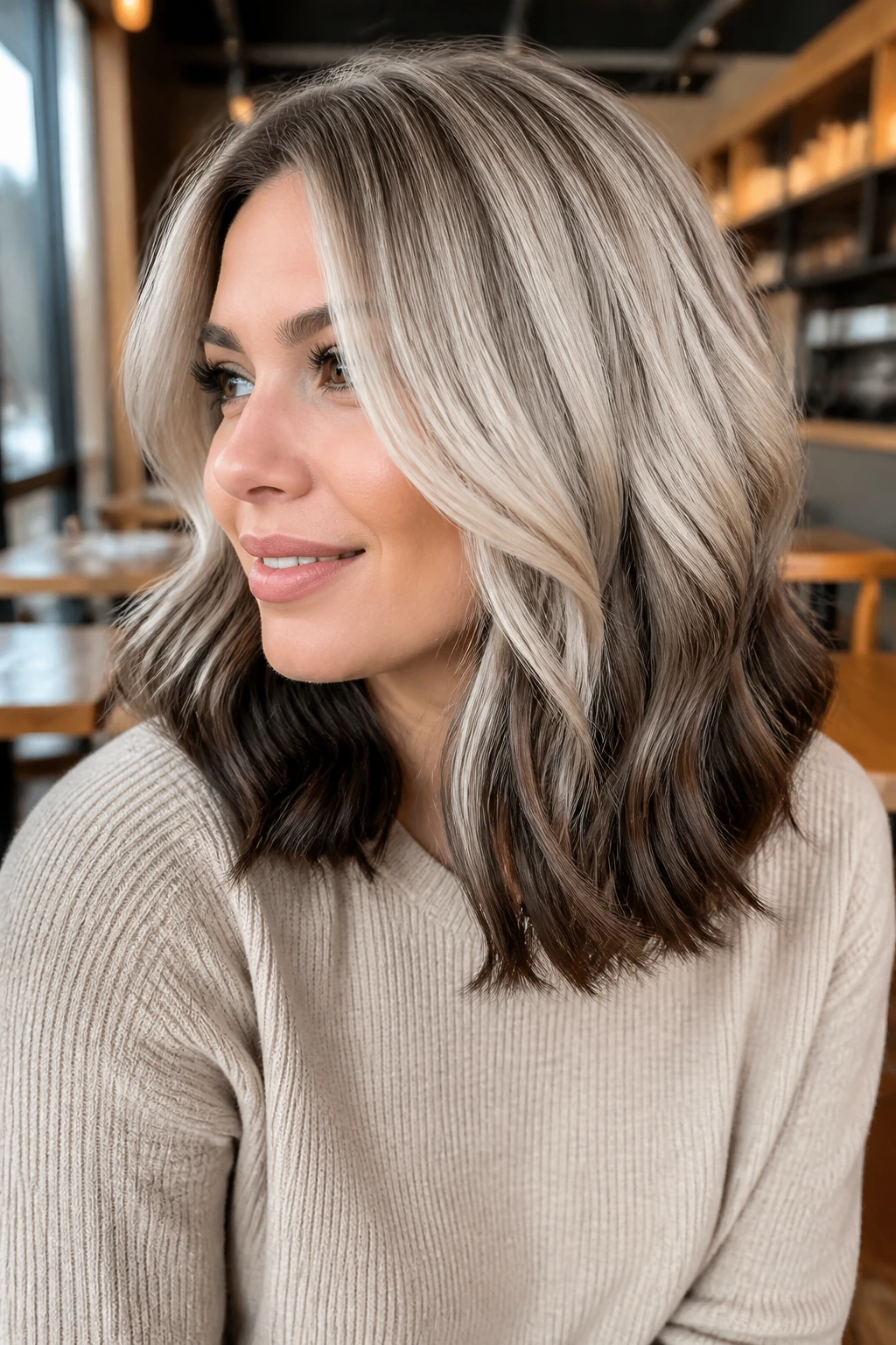 Close-up portrait of a real woman with reverse ombre and dark ends in cafe lighting