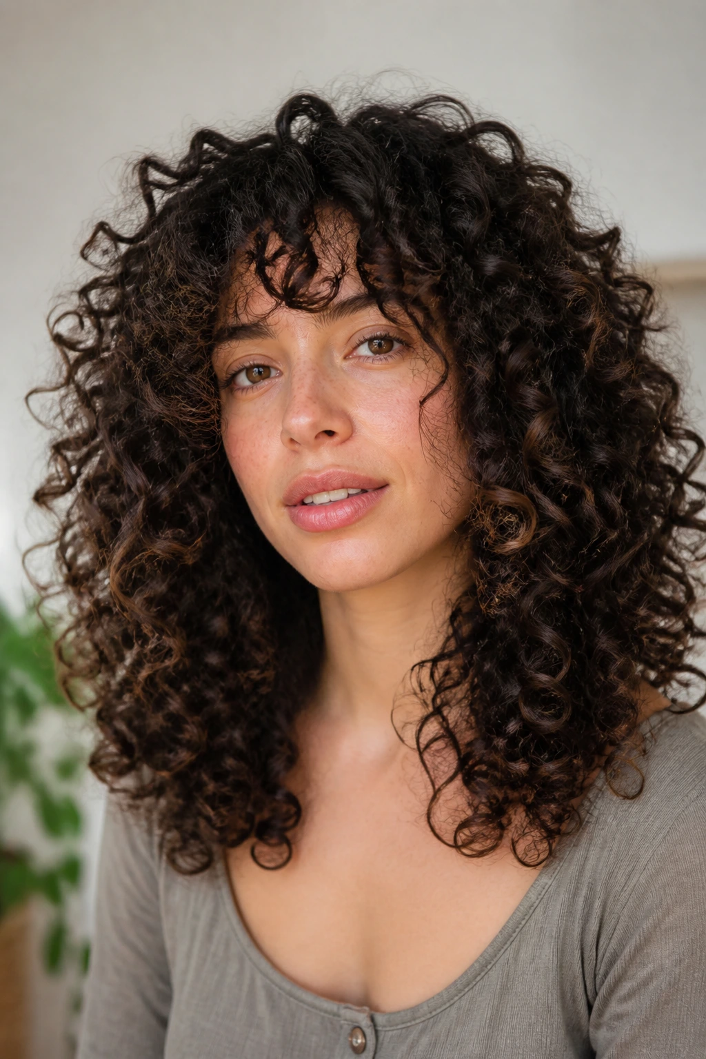 Close-up of a real woman with balanced mixed curl patterns and a smooth silhouette.