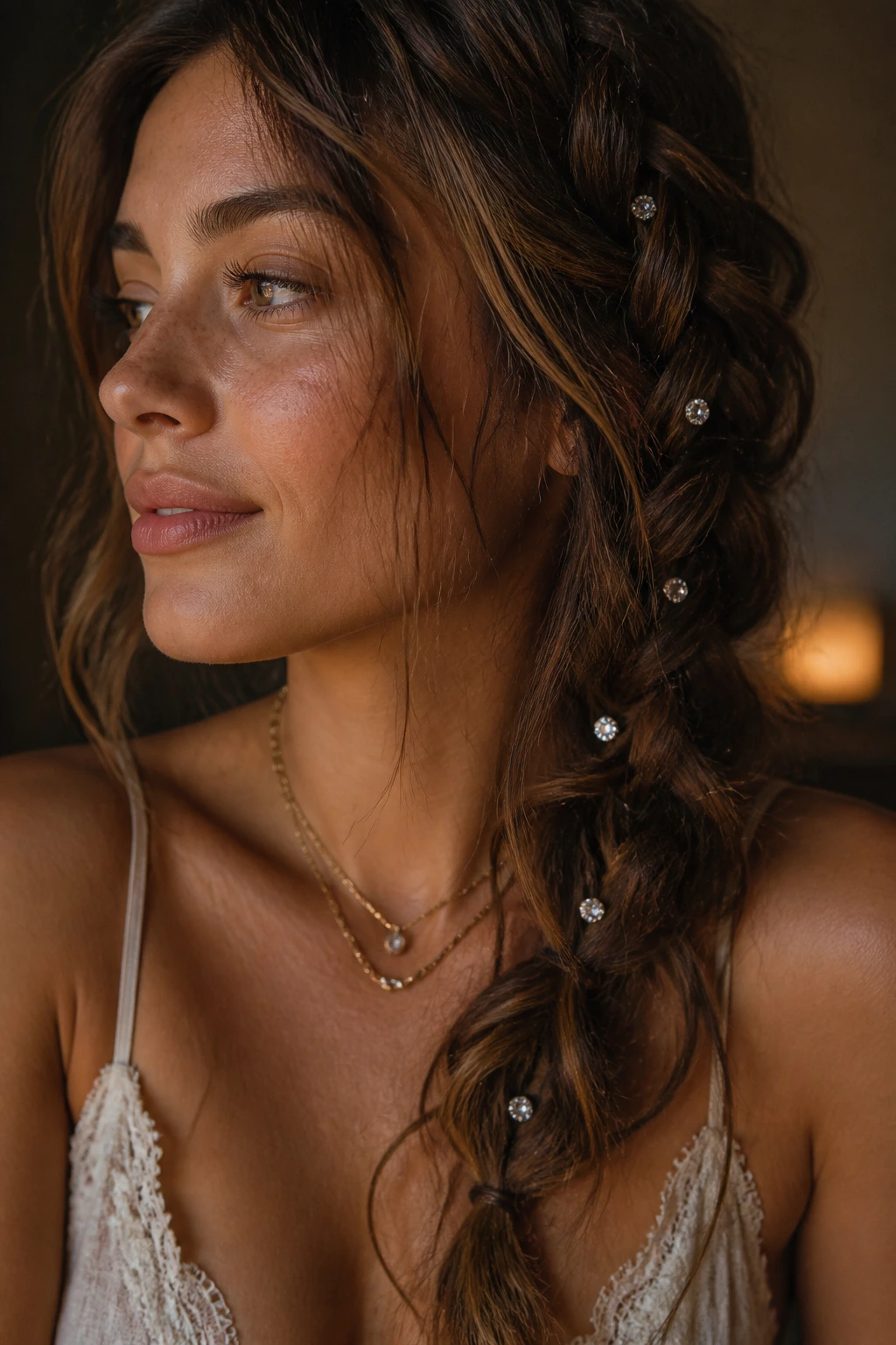 Loose braid with small rhinestone jewels scattered along it on a real person