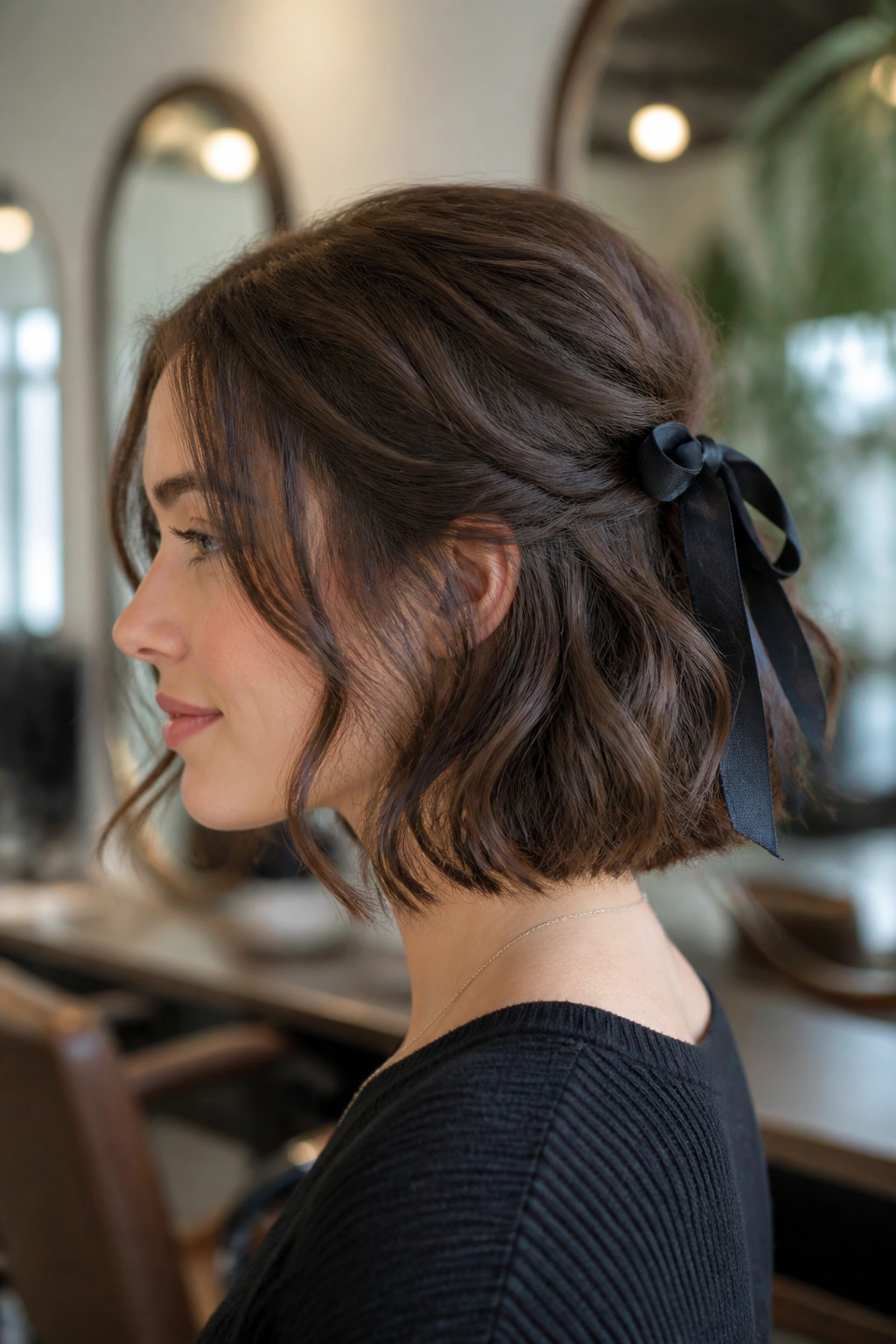 Close-up of real woman with ribbon-back wavy bob