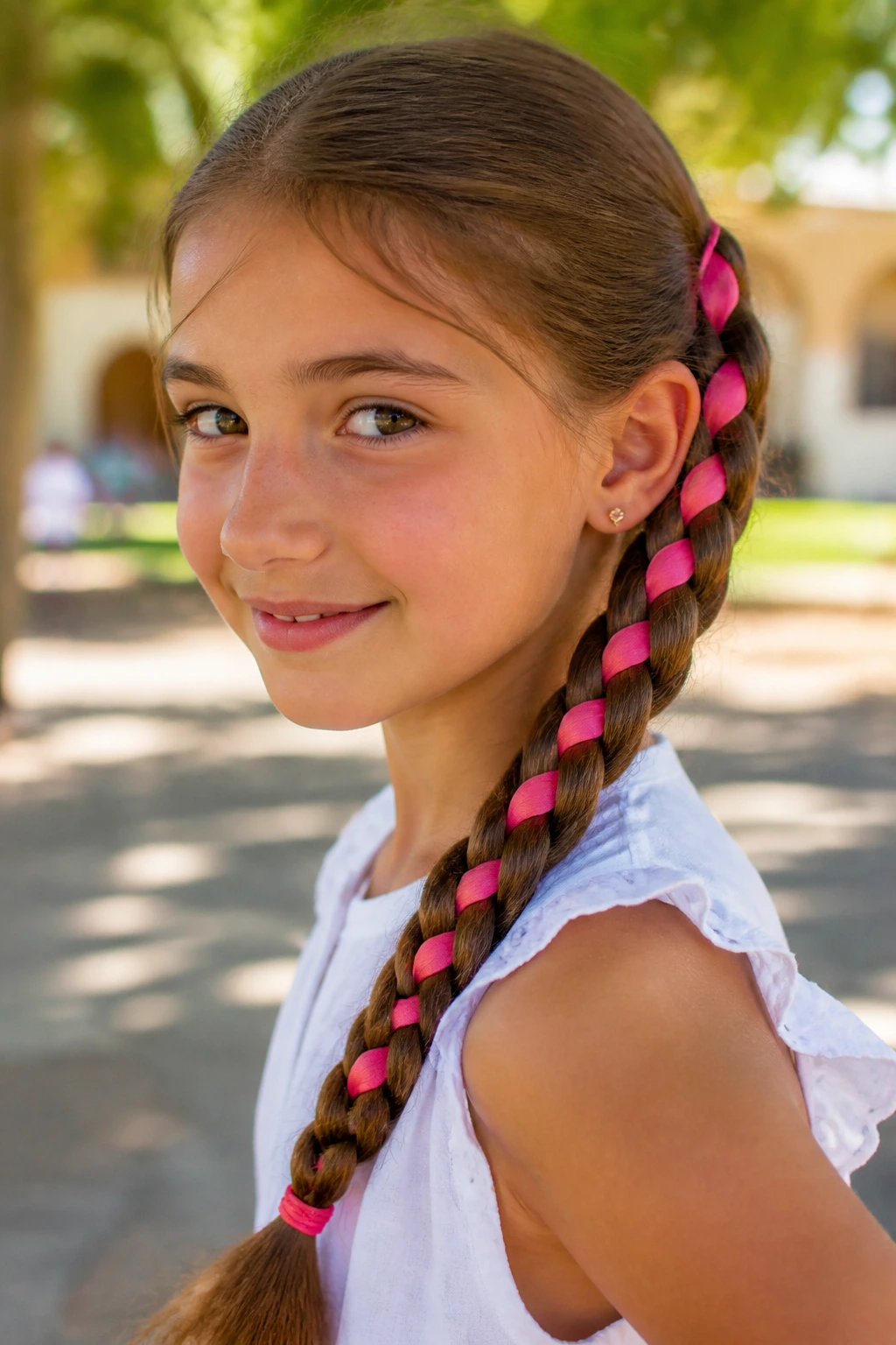 Girl with a ribbon woven into a three-strand braid in a sunlit setting.