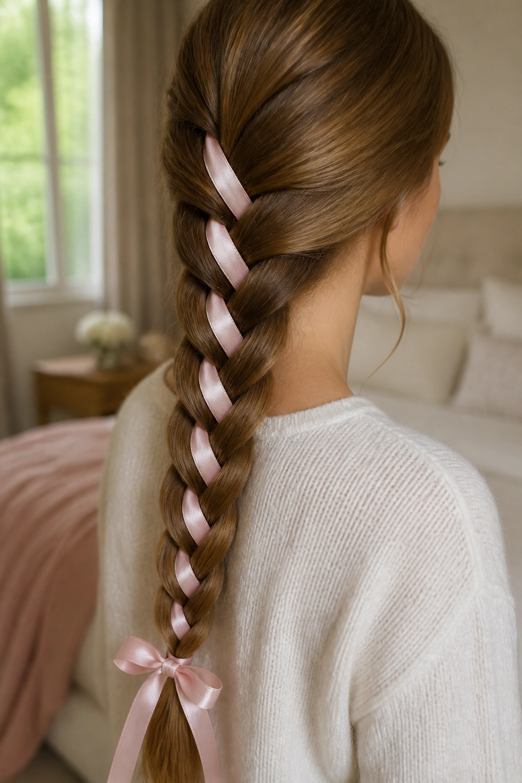 Close-up of satin ribbon woven through a long three-strand braid with natural light