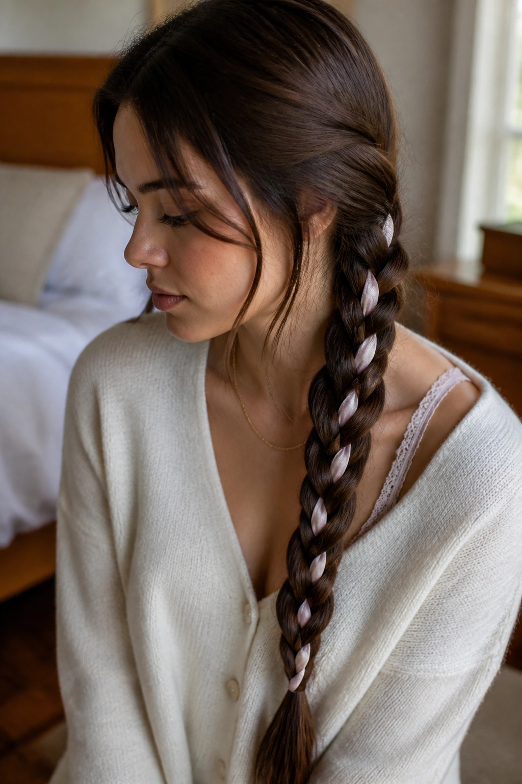 Close-up of a real woman with a satin ribbon woven into a long braid