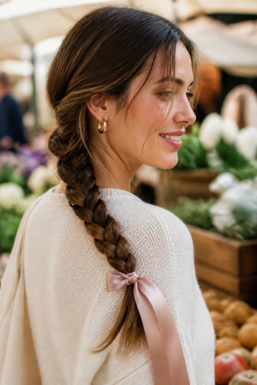 Close-up of Ribbon-Tied Low Braid for Spring Days on a real woman in a sunny outdoor market