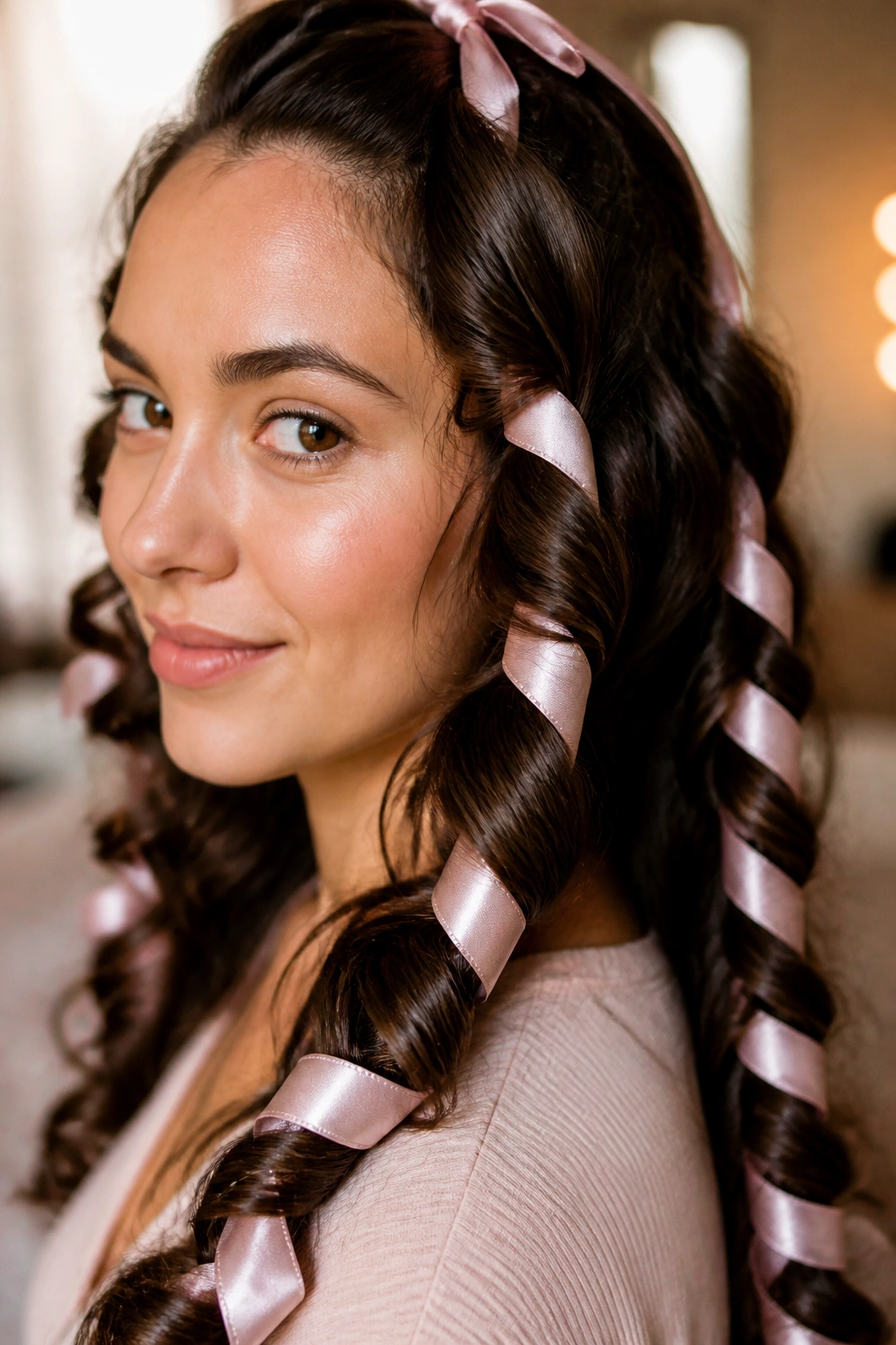 Close-up portrait of a real woman with ribbon curls wrapping her hair
