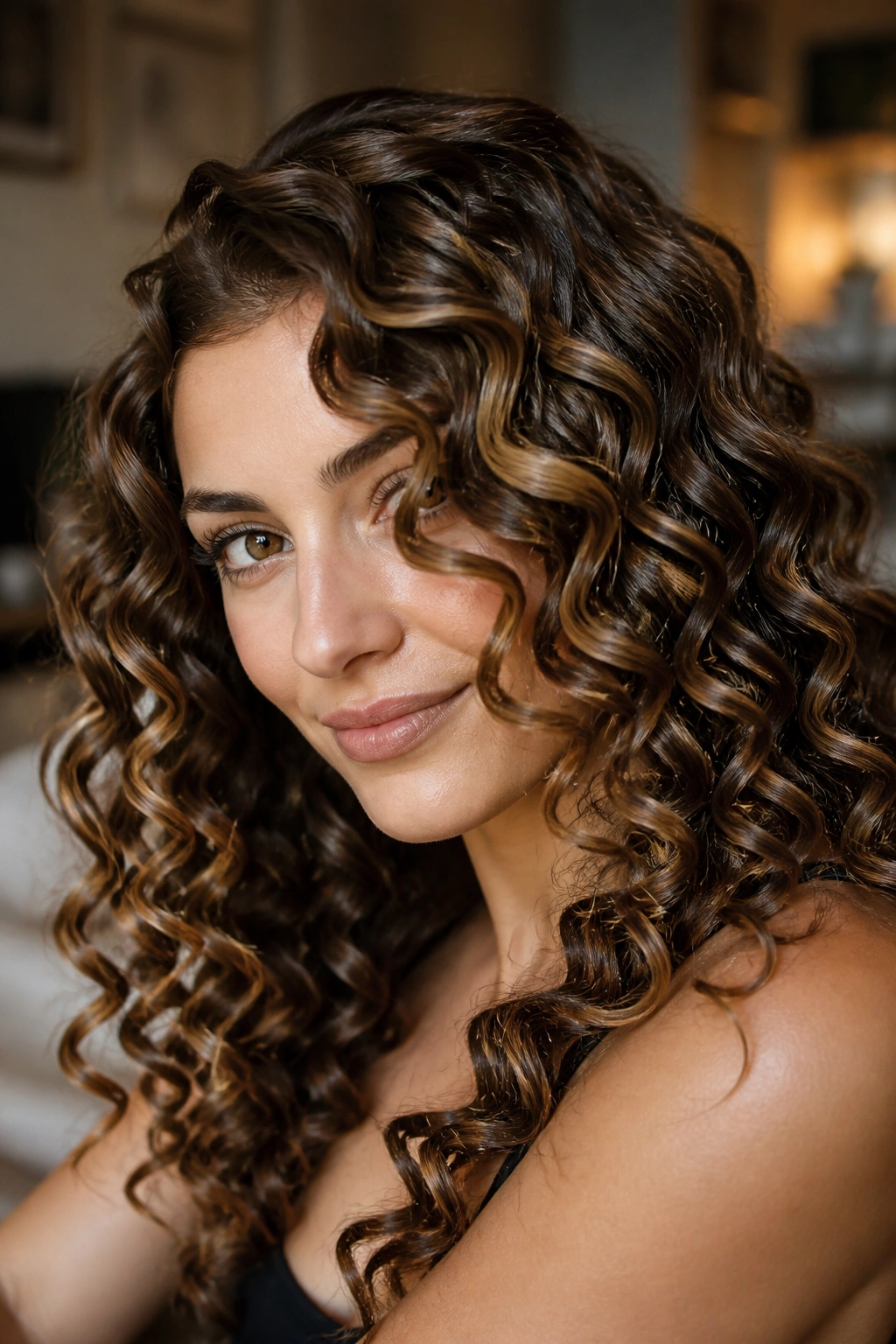 Close-up of a real woman with ribbon curl waves