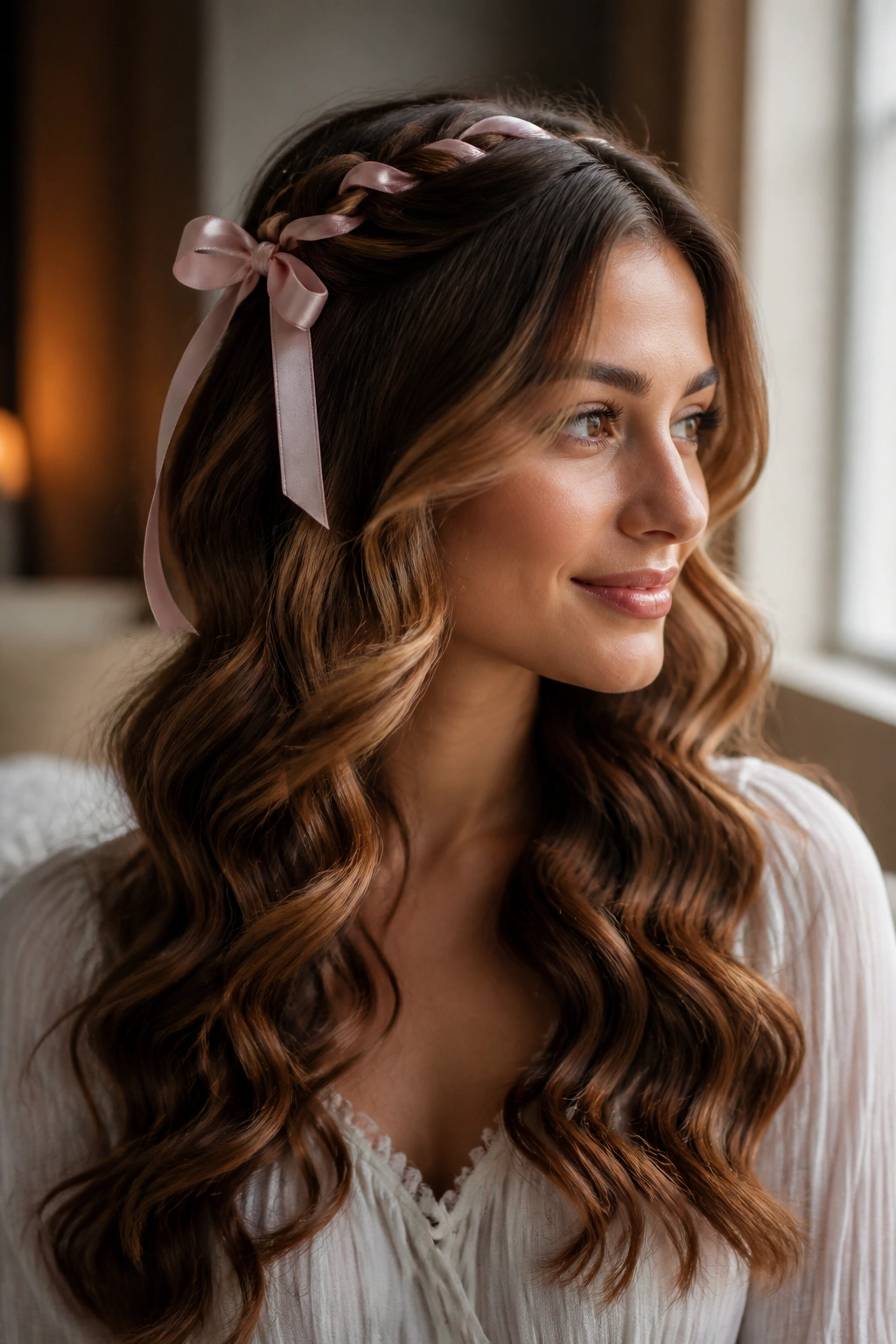 Real woman with ribbon curls and satin ribbon at crown