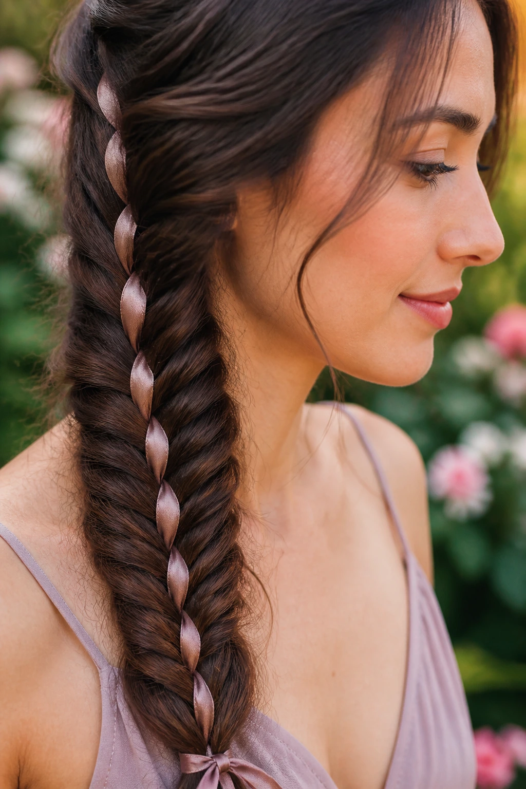 Close-up of a real woman with a ribbon woven through a fishtail braid.