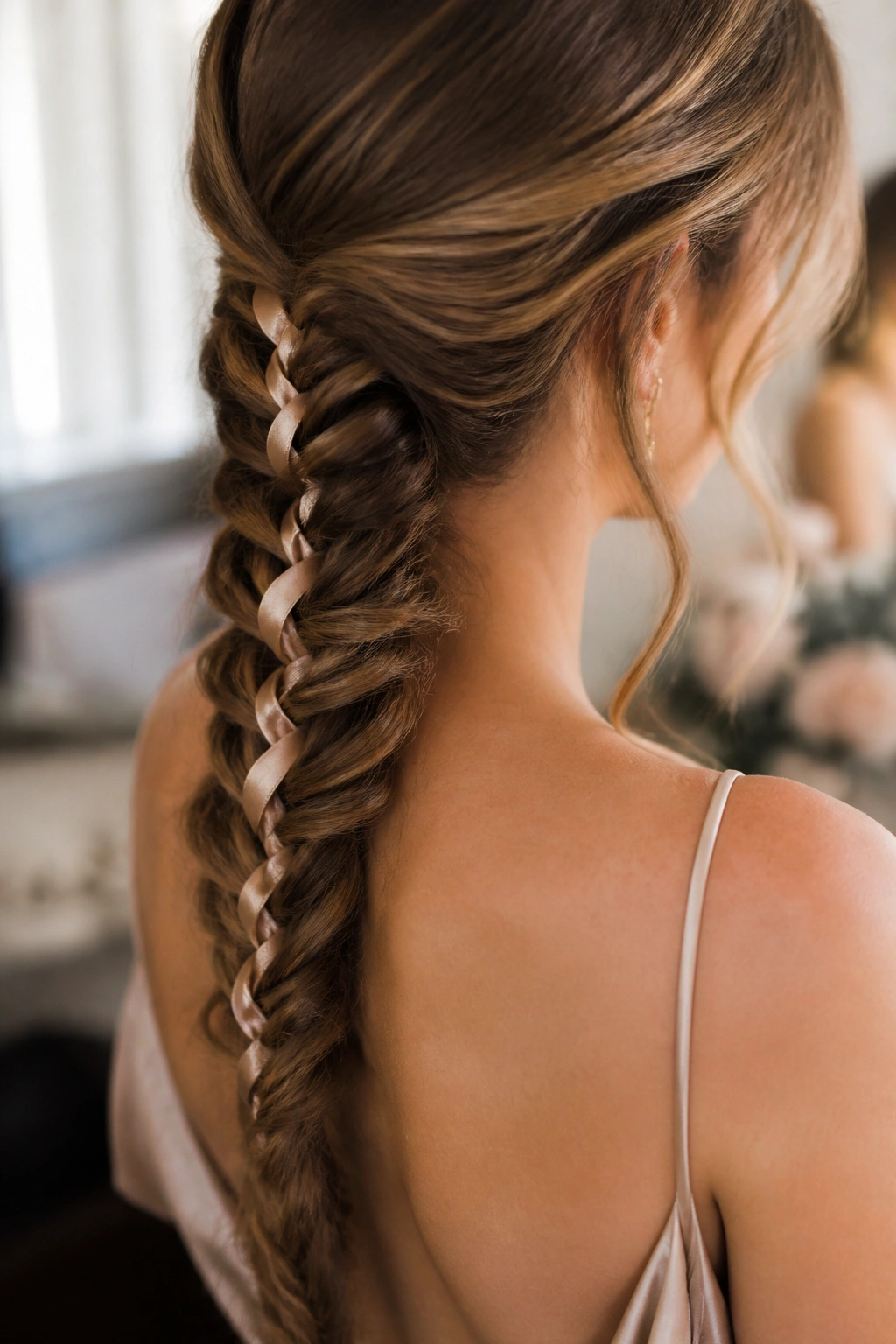 Close-up of a ribbon-threaded fishtail braid with champagne ribbon on a real person