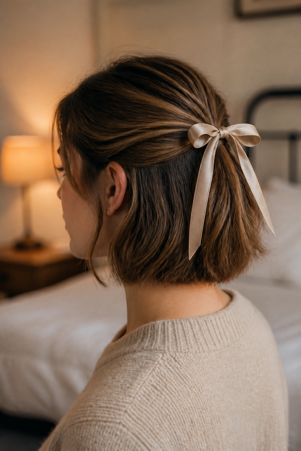 Woman with ribbon-tied half pony in bob-length hair
