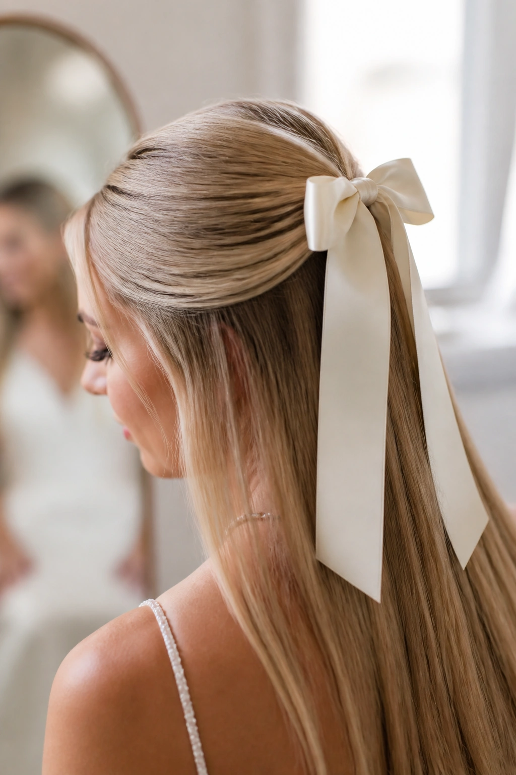 Close-up of a real bride with a satin ribbon half-up bow on straight hair.