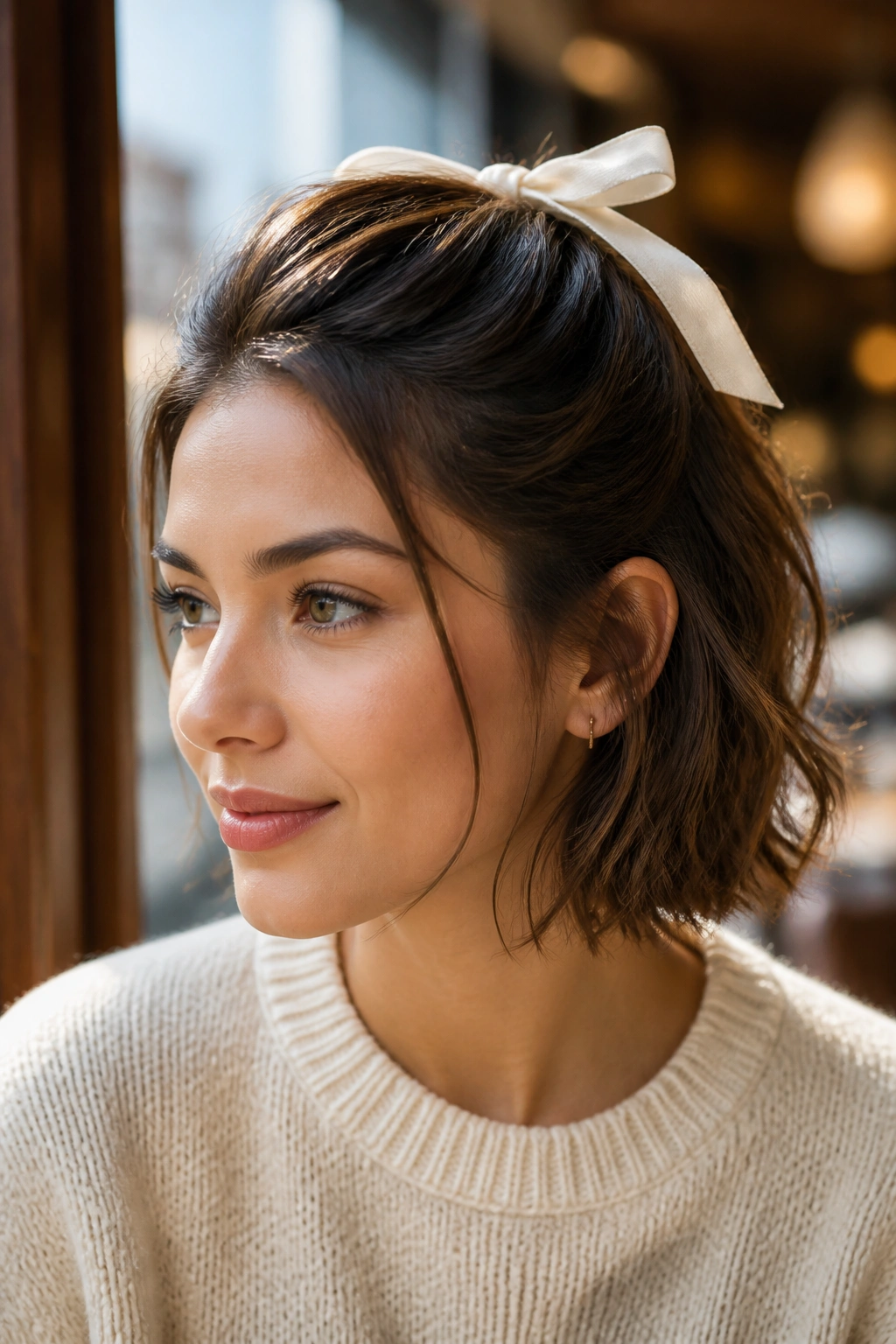 Portrait of a woman with ribbon-tied half-up hairstyle