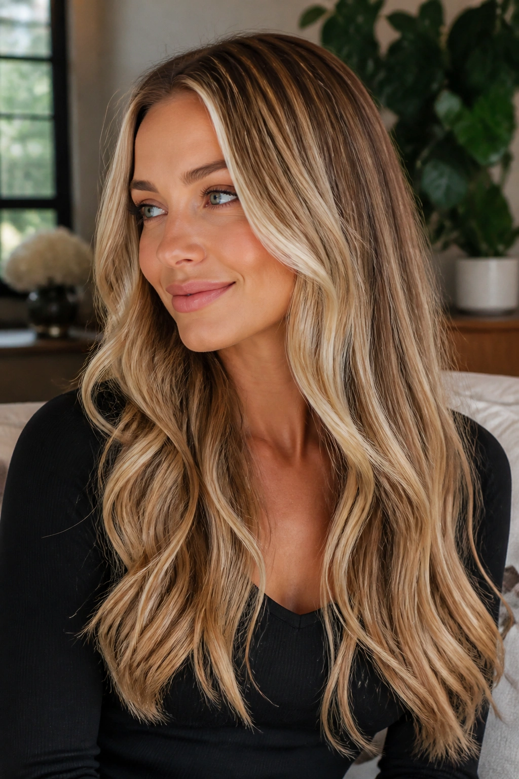 Close-up of a real person with ribbon highlights in long hair