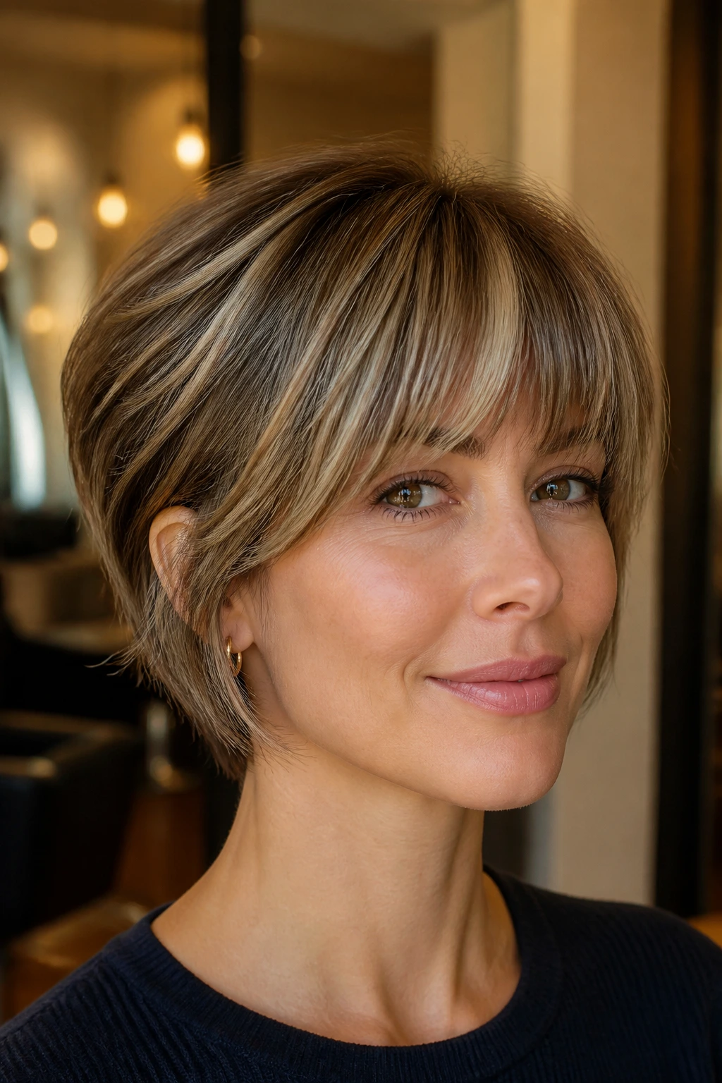 Real woman with bixie hairstyle and ribbon highlights at bangs in a softly lit salon.