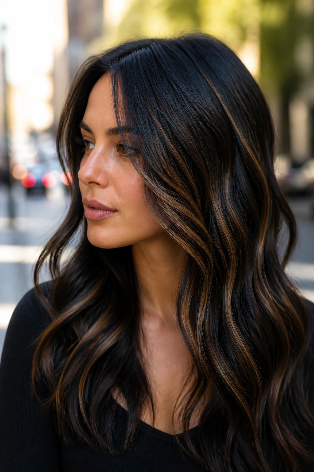 Close-up of a real woman with caramel ribbon highlights on black hair outdoors