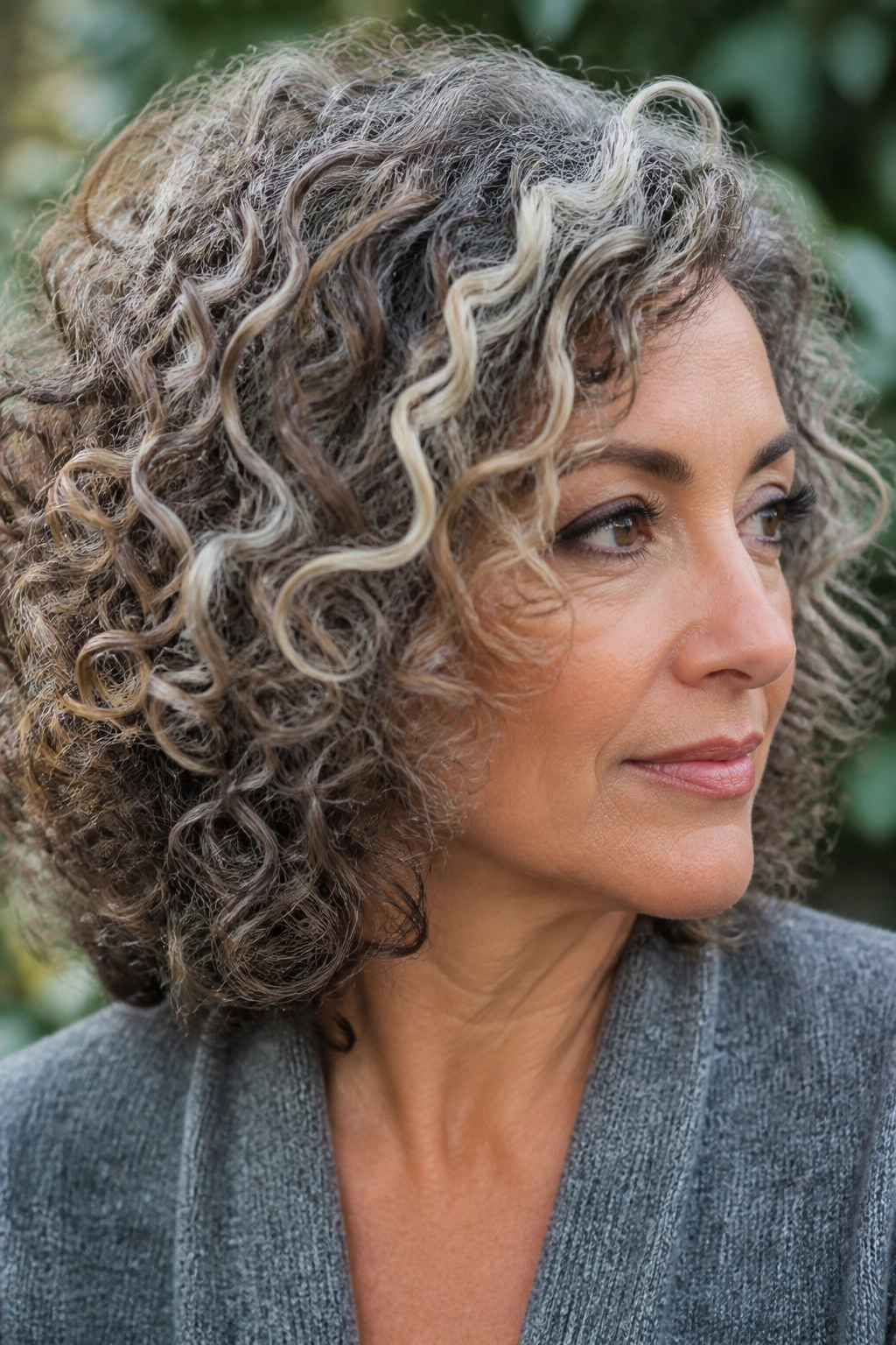 Curly hair with ribbon highlights following the curl pattern