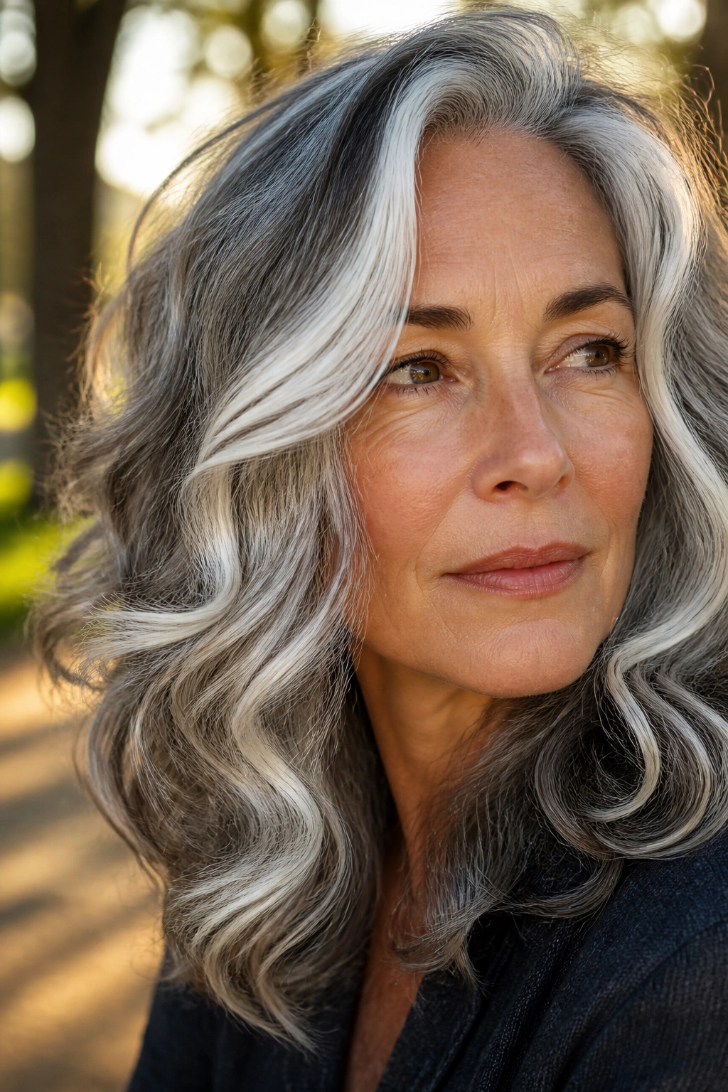 Close-up of curly grey hair with a white ribbon highlight on the outer curls