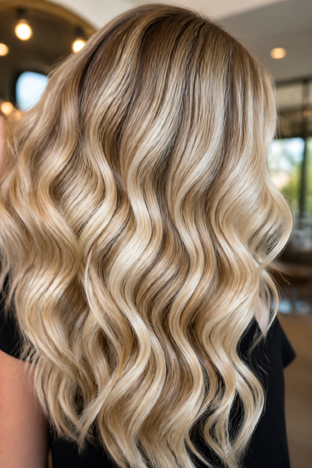 Close-up of deep wave hair with ribbon highlights following waves in a salon setting
