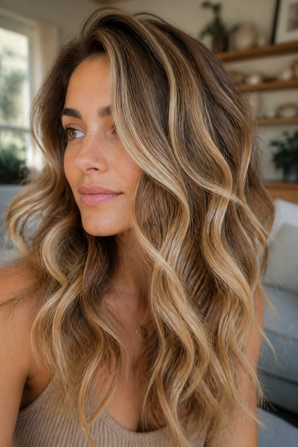 Close-up of a real woman with sandy bronde hair and ribbon highlights