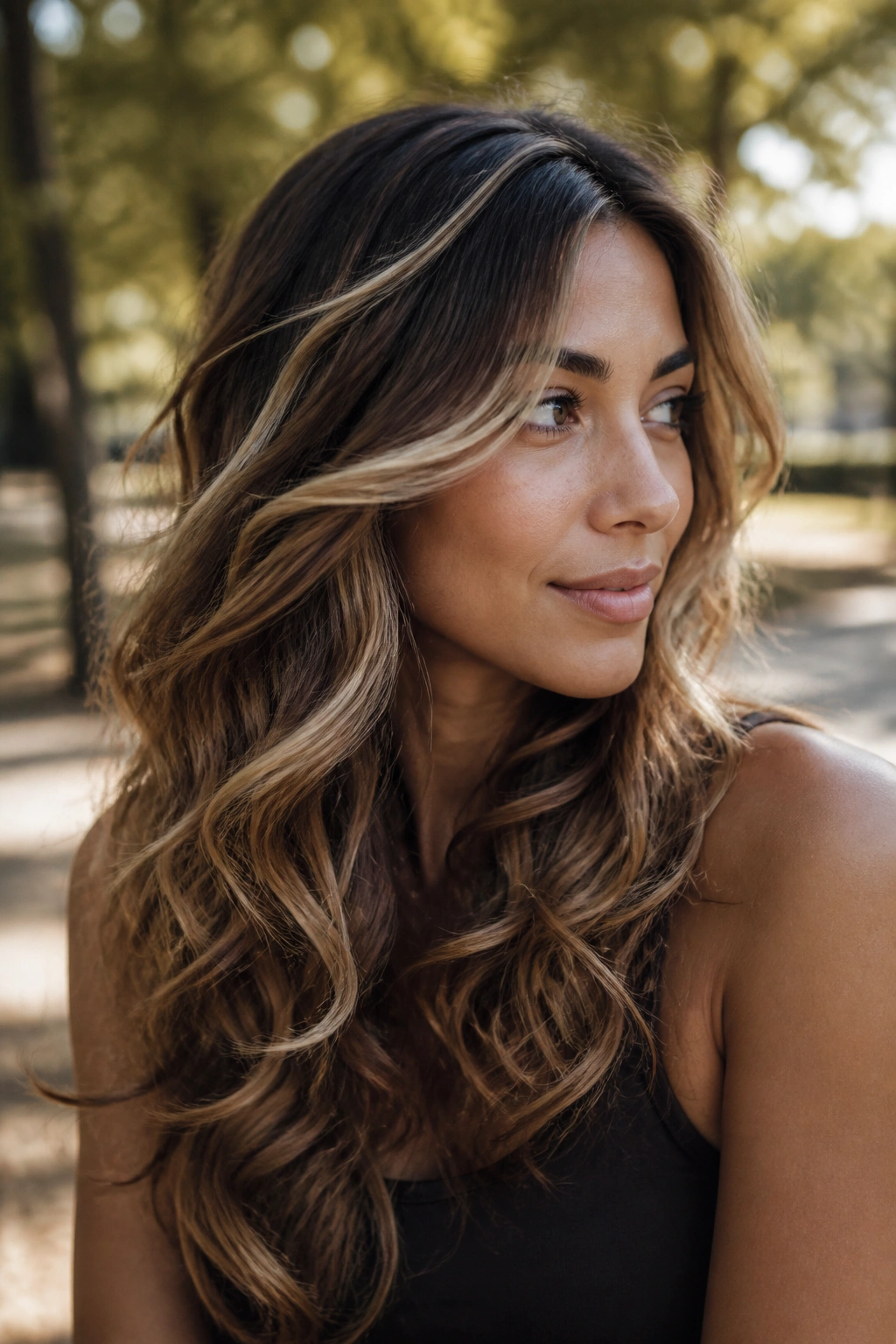 Close-up of a real woman with curved ribbon highlights through waves.