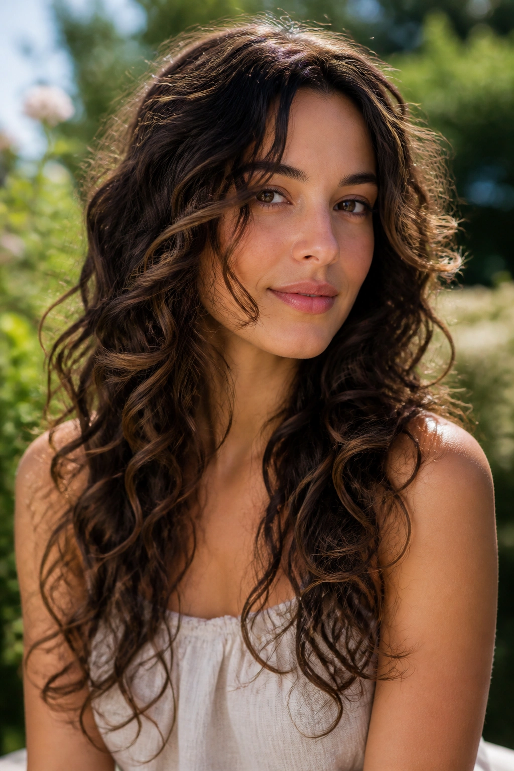 Close-up of woman with ribbon layers on long hair