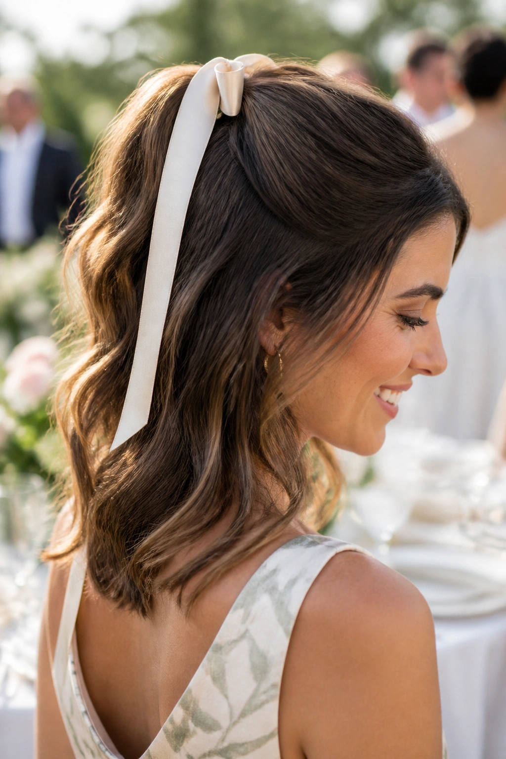 Close-up portrait of a woman wearing a ribbon-tied half ponytail in a garden setting